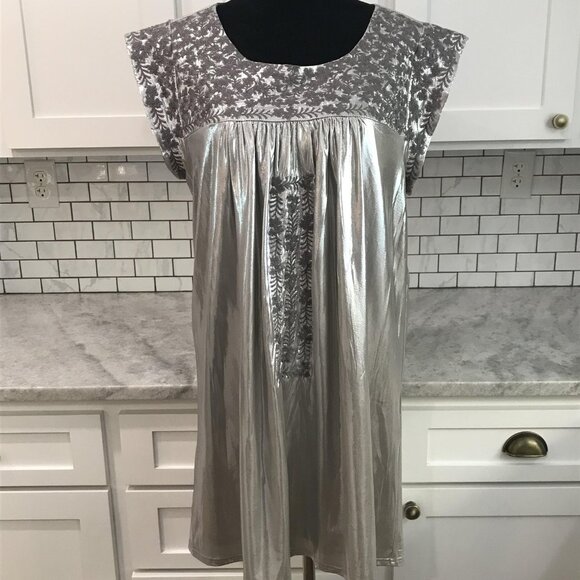 Savanna Jane Dress Womens Large Silver Metallic Embroidered Boho Lauren Ferrell - Picture 1 of 11